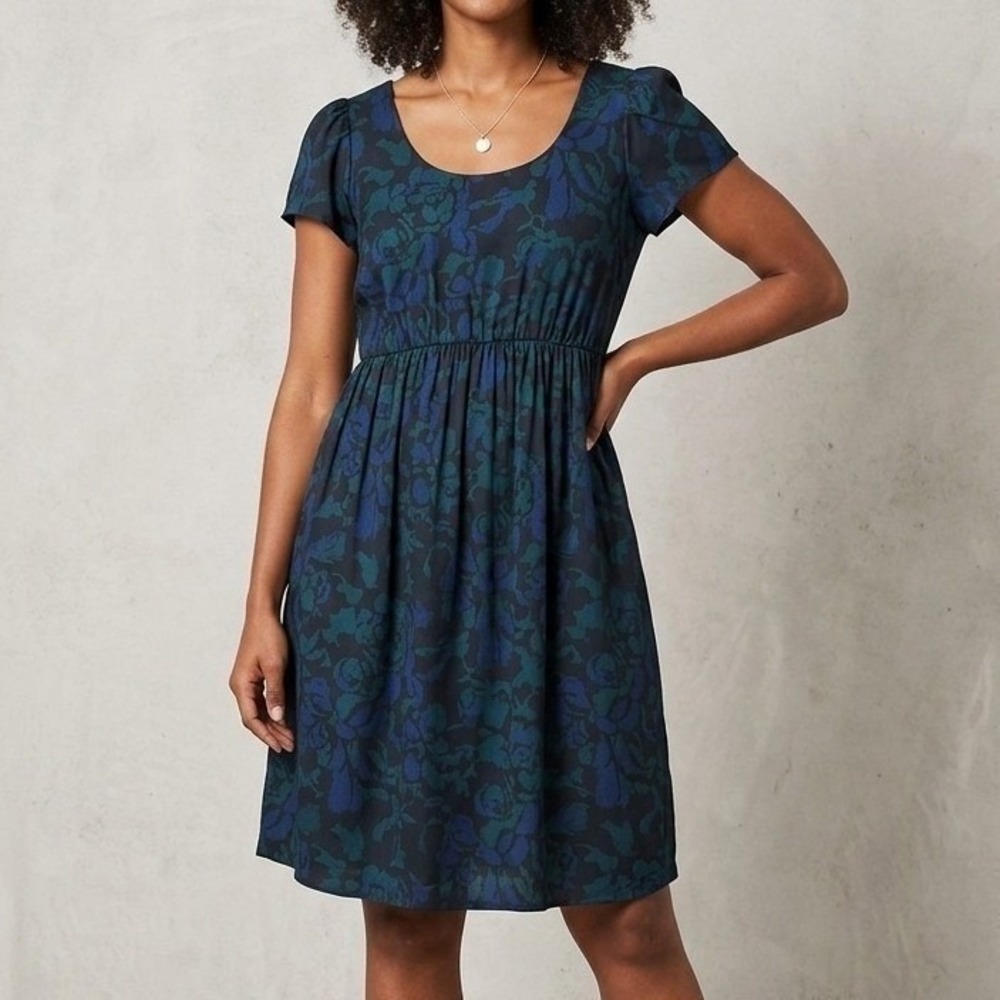 Ann Taylor Loft Pop Bouquet Tulip Sleeve Lined Black Blue & Green Dress Size 10